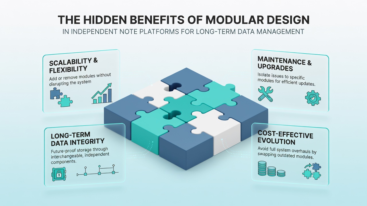Diagram depicting long-term data flow through modular note platform components with emphasis on portability and storage layers